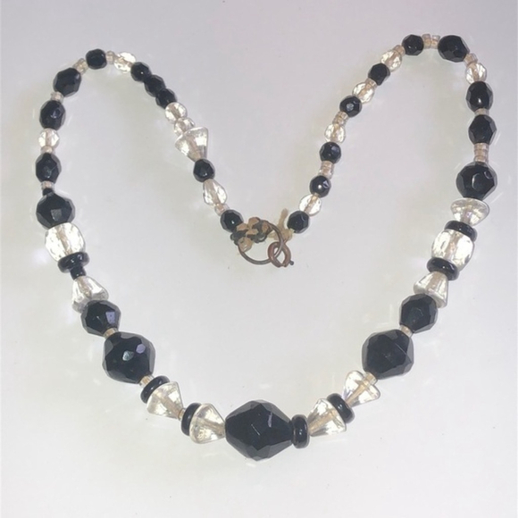 Vintage Clear & Black Glass Beads Beaded Boho Necklace - Picture 1 of 7